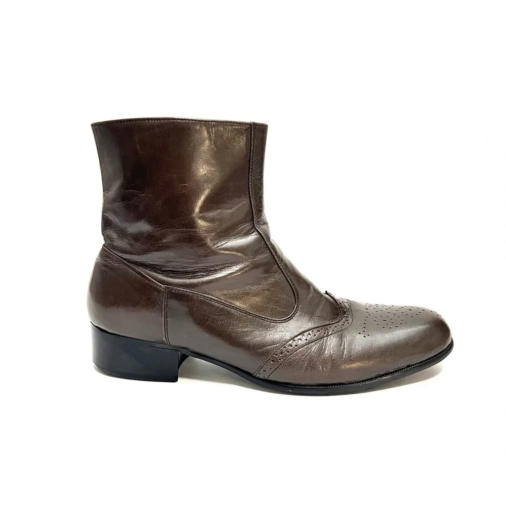 Vintage 1980s men's dark khaki brown leather wingtip brogue ankle boots